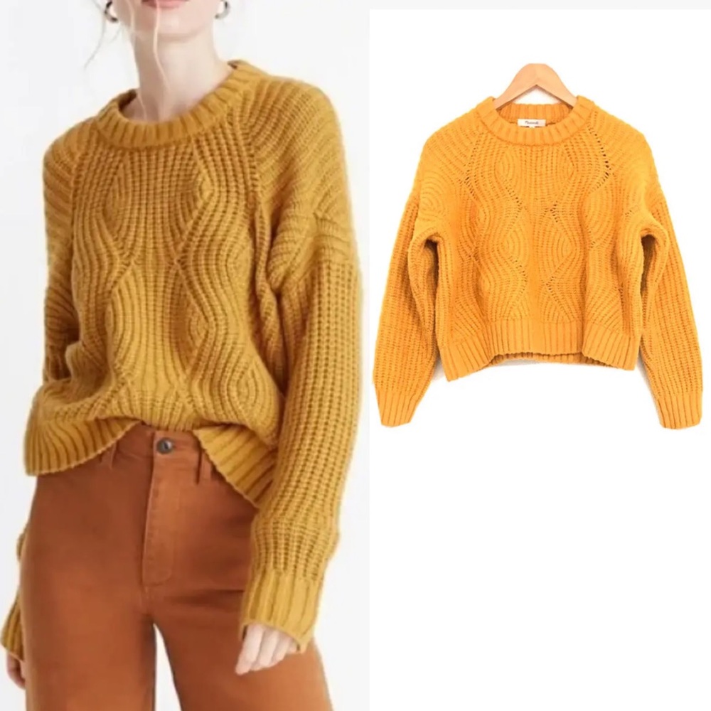 Madewell Everett Rib-Play Pullover Cable Knit Sweater Mustard Yellow/Gold Medium